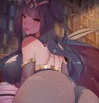  1girl ass black_cape black_hair blunt_bangs bodystocking breasts bridal_gauntlets cape fire_emblem fire_emblem_awakening gold himmely large_breasts library long_hair looking_back red_cape solo tharja_(fire_emblem) tiara two-tone_cape two_side_up yellow_eyes 