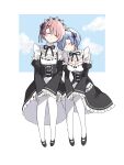  2girls blue_hair blunt_bangs blush detached_sleeves frilled_sleeves frills hair_ornament hair_over_one_eye hair_ribbon highres light_smile maid maid_headdress multiple_girls nitsuki_09 outdoors purple_ribbon ram_(re:zero) re:zero_kara_hajimeru_isekai_seikatsu rem_(re:zero) ribbon ribbon-trimmed_clothes ribbon_trim roswaal_mansion_maid_uniform short_hair siblings simple_background sisters sky sleeping sleeping_on_person sleeping_upright thighhighs twins white_background x_hair_ornament 