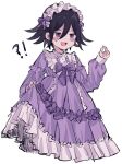  !? 1boy black_hair blush crossdressing danganronpa_(series) danganronpa_v3:_killing_harmony dress embarrassed frilled_dress frilled_hairband frills hair_between_eyes hairband highres kitano_yukiusagi lolita_fashion long_sleeves looking_ahead male_focus oma_kokichi open_mouth purple_dress purple_eyes purple_ribbon ribbon short_hair sketch solo sweat wavy_hair white_background 