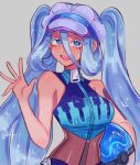  1girl blue_eyes blue_hair breasts hair_between_eyes hatsune_miku highres large_breasts long_hair pokemon project_voltage ruinique solo twintails vocaloid water_miku_(project_voltage) wet wet_clothes zipper zipper_pull_tab 