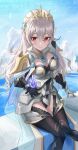  1girl absurdres armor armored_leotard black_leotard breasts cape cleavage commentary_request corrin_(female)_(fire_emblem) corrin_(female)_(silent_bloodline)_(fire_emblem) corrin_(fire_emblem) crown dragonstone fire_emblem fire_emblem_fates fire_emblem_heroes floating floating_object frills gloves hair_between_eyes hair_ornament hairband highres jewelry leotard long_hair looking_at_viewer official_alternate_costume pointy_ears red_eyes see-through shizukugu03 shoulder_armor sitting smile solo thighhighs white_hair 