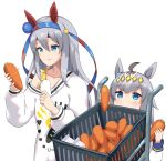  2girls ahoge alternate_height animal_ears blue_eyes blue_hairband carrot closed_mouth commentary_request ear_covers ear_ornament food grey_hair hair_between_eyes hair_ornament hairband headband height_difference highres holding holding_food horse_ears horse_girl long_hair long_sleeves multicolored_hair multiple_girls off-shoulder_sweater off_shoulder official_alternate_costume oguri_cap_(umamusume) receipt red_headband sawara_noa shirt shopping_cart simple_background single_bare_shoulder streaked_hair sweater tamamo_cross_(umamusume) umamusume white_background white_shirt 
