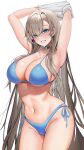  1girl absurdres armpits arms_up asuna_(blue_archive) bare_shoulders bikini blue_archive blue_bikini blue_eyes breasts choker commentary_request cowboy_shot grey_hair grin groin highres large_breasts long_hair looking_at_viewer navel ouo_(ouoq2) side-tie_bikini_bottom simple_background smile solo standing stomach swimsuit thighs very_long_hair white_background 