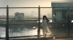  1girl absurdres arms_behind_back black_hair dress elf evening fence full_body highres horns hua_ming_wink long_hair long_sleeves original outdoors pointy_ears scenery single_horn standing water white_dress 
