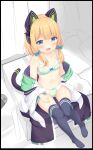  1girl bare_shoulders black_border black_thighhighs blonde_hair blue_archive blue_ribbon blush border bow bow_bra bow_panties bra breasts collarbone commentary_request earphones full_body green_bra green_eyes green_panties hair_ribbon highres jacket looking_at_viewer midori_(blue_archive) no_pants no_shirt off_shoulder open_clothes open_jacket open_mouth panties ribbon sakuraba_hikaru_(loveindog) sidelocks small_breasts solo tail thighhighs underwear wavy_mouth 