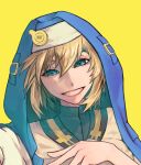  1boy androgyne_symbol blonde_hair blush bridget_(guilty_gear) green_eyes grin guilty_gear guilty_gear_strive habit highres hood hood_up hooded_jacket hoodie jacket kurutontyan looking_at_viewer male_focus medium_hair open_clothes open_hoodie otoko_no_ko smile upper_body yellow_background 