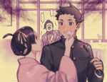  &gt;_&lt; 1girl 2boys ace_attorney amemomism black_hair black_jacket blurry blurry_foreground blush bow bowtie brown_eyes brown_hair brown_jacket clenched_teeth closed_eyes closed_mouth commentary_request facial_hair floral_print fork frustrated hair_ribbon hair_rings hand_on_another&#039;s_face hand_up holding holding_fork indoors jacket japanese_clothes kimono long_sleeves looking_at_another multiple_boys mustache open_mouth pink_kimono profile red_bow red_bowtie ribbon ryunosuke_naruhodo short_hair smile soseki_natsume speech_bubble susato_mikotoba sweatdrop table teeth the_great_ace_attorney tissue upper_body vase wide_sleeves wiping_face yellow_ribbon 