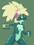  absurd_res anthro blonde_hair ceyemeka eyeliner female fluffy fluffy_hair green_body hair hi_res humanoid makeup nude ponytail scales scalie shaved_head solo yellow_eyes 