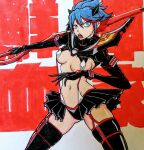  1girl black_skirt black_thighhighs blue_eyes blue_hair breasts frilled_skirt frills holding holding_scissors kill_la_kill looking_at_viewer matoi_ryuuko medium_breasts meme midriff miniskirt multicolored_hair navel non-web_source open_mouth red_hair revealing_clothes ryuko_redraw_(meme) scissors self-upload senketsu skirt solo streaked_hair thighhighs 