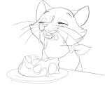  2022 bib black_and_white disney domestic_cat duchess_(aristocats) fangs felid feline felis female feral food half-closed_eyes mammal messy monochrome narrowed_eyes open_mouth plate simple_background solo teeth the_aristocats tongue whiskers white_background wugi 