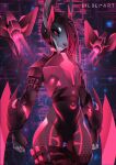  acrador anthro bodysuit clothing drone female glowing hair hexagon hi_res hunter liloli_(artist) machine melee_weapon neon pink_clothing red_eyes red_hair robot skinsuit smile smirk sokolovo solo spacesuit tight_clothing weapon 