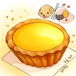  0_0 :3 animal artist_name black_eyes chibi chibi_inset closed_mouth commentary dog egg_tart food food_focus fork happy heart holding holding_fork no_humans original paper sheep signature smile solid_oval_eyes tart_(food) tongue tongue_out white_eyes yellow_background yellow_theme yuki00yo 