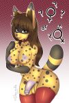  absurd_res breasts brown_hair chainilla clothing collar eyewear felid feline female genitals glasses hair herm hi_res intersex intersex/female legwear long_ears long_hair mammal nude penis raised_tail seductive serval simple_background spots tail thigh_highs yellow_body 