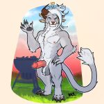  1:1 2023 4_ears 4_horns 4_toes 5_fingers animal_genitalia anthro arm_tuft ball_tuft balls biped black_pawpads blue_eyes brown_horn charr claws countershade_fur countershade_torso countershading dewclaw digital_media_(artwork) digitigrade ear_piercing ear_ring elbow_tuft erection facial_piercing facial_scar feet felid finger_claws fingers full-length_portrait fur genitals grey_balls grey_body grey_fur grill guild_wars hair hand_on_hip hand_on_own_hip hi_res horn humanoid_genitalia humanoid_penis hybrid_genitalia hybrid_penis looking_at_viewer male mammal multi_ear multi_horn nose_piercing nose_ring nude_anthro nude_male outside pawpads paws penis piercing pink_nose portrait ring_piercing scar sheath sheathed_humanoid_penis solo tail tail_tuft toe_claws toes tuft vateo white_body white_fur white_hair 