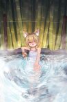  1girl :d ^_^ animal_ear_fluff animal_ears ayame_no_me bamboo bamboo_fence blonde_hair blush closed_eyes cup drinking_glass drinking_straw fence highres indie_virtual_youtuber naked_towel onsen open_mouth partially_submerged short_hair sitting smile steam sweat towel virtual_youtuber washi_(user_djjg3532) 