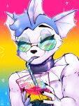  &lt;3 3:4 absurd_res anthro beverage blaxat blue_hair bodypaint bubble_tea cheek_tuft collar container cup drinking drinking_straw eeveelution eyes_closed face_paint facial_tuft fin generation_1_pokemon gradient_background hair hi_res ice_cube lgbt_history_month lgbt_pride lips male multicolored_beverage nintendo pansexual_pride_colors pokemon pokemon_(species) pride_color_background pride_color_beverage pride_color_bodypaint pride_color_face_paint pride_color_ice_cube pride_colors scales simple_background smile solo sparkles thick_bottom_lip tinted_glasses tuft vaporeon white_body white_scales 
