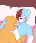  2023 abbytabbys anthro azulin_(unicorn_wars) bandage bear blue_body blue_eyes blush cabo_pompon_(unicorn_wars) duo embrace hi_res hug lying mammal pillow scar unicorn_wars 