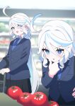  2girls :d :o ahoge black_skirt blazer blue_eyes blue_jacket blue_necktie blurry blurry_background collared_shirt curly_hair focalors_(genshin_impact) food furina_(genshin_impact) genshin_impact groceries hair_between_eyes hand_on_own_chin heterochromia highres jacket long_hair long_sleeves mismatched_pupils multicolored_hair multiple_girls necktie open_mouth pleated_skirt school_uniform shirt shopping short_hair skirt smile stroking_own_chin thinking tomato two-tone_hair white_hair white_shirt zenshin 