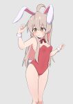  1girl :3 absurdres ahoge animal_ears bare_arms bare_legs bare_shoulders blush bow bowtie breasts brown_eyes colored_inner_hair detached_collar fake_animal_ears grey_background grey_hair hair_between_eyes hairband hand_up highres leotard long_hair multicolored_hair onii-chan_wa_oshimai! oyama_mahiro pink_hair playboy_bunny rabbit_ears rabbit_tail red_bow red_bowtie red_leotard s_n_n_k simple_background small_breasts smile solo sweatdrop tail thigh_gap thighs two-tone_hair white_hairband wrist_cuffs 