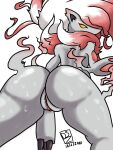  3:4 anthro big_butt bodily_fluids butt dipstick_ears female fur generation_5_pokemon genitals ggez2341 grey_body grey_fur hi_res hisuian_form hisuian_zoroark looking_at_viewer looking_back looking_back_at_viewer multicolored_ears nintendo nude pink_body pink_fur pokemon pokemon_(species) pussy rear_view red_eyes regional_form_(pokemon) simple_background solo sweat sweatdrop thick_thighs white_background white_body white_fur wide_hips yellow_sclera zoroark 