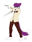  2019 anthro blue_eyes character_request cheek_tuft clothed clothing dagger eyewear facial_tuft felid fleurfurr fur glasses gun hair hi_res male mammal melee_weapon monotone_ears monotone_hair multicolored_body multicolored_fur purple_body purple_ears purple_fur purple_hair purple_tail ranged_weapon simple_background solo tail tuft two_tone_body two_tone_fur two_tone_tail watermark weapon white_body white_fur white_tail 