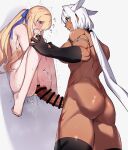  against_wall animal_ears black_gloves blonde_hair blue_eyes blush caenis_(fate) dark-skinned_female dark_skin fate/grand_order fate_(series) futanari genderswap genderswap_(mtf) gloves hairband highres imminent_penetration kirschtaria_wodime long_hair muscular muscular_female nervous nervous_sweating nude penis penis_on_pussy pussy_juice sabamori sweat toe_scrunch 