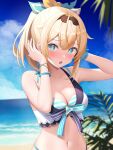  1girl absurdres bare_shoulders beach blonde_hair blue_eyes blush breasts cleavage collarbone commentary_request day hair_between_eyes hair_ornament hairband highres hololive hololive_summer_2023_swimsuit kazama_iroha kuchitani long_hair looking_at_viewer medium_breasts navel ocean open_mouth outdoors partial_commentary ponytail solo swimsuit virtual_youtuber 