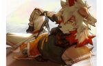  2022 anthro arknights bottomwear canid canine canis clothing domestic_dog doooo2424 fur gloves hair handwear hi_res horn hung_(arknights) hypergryph long_hair looking_at_viewer lying male mammal multicolored_body multicolored_fur multicolored_hair on_back pants red_hair solo studio_montagne tan_body tan_fur topwear two_tone_body two_tone_fur two_tone_hair white_body white_fur white_hair yellow_eyes 