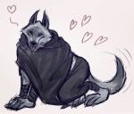  &lt;3 anthro arm_strap arm_wrapping arm_wraps armband armwear barefoot black_nose black_pupils black_sclera bottomwear canid canine canis cloak clothed clothing death_(puss_in_boots) dreamworks facial_markings feet fluffy fur genosuh grey_body grey_fur happy head_markings kneeling long_tail male mammal markings mask_(marking) meme no_shoes pants parody pink_background poncho pose prick_ears pupils puss_in_boots_(film) puss_in_boots_the_last_wish red_eyes redraw simple_background smile solo tail tail_motion tailwag tongue tongue_out white_body white_fur wolf wrap wrapped_arms wraps 