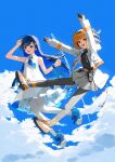  2girls a.i._voice adachi_rei aircraft airplane arm_up arms_up belt belt_pouch black_hair black_shirt blue_bow blue_brooch blue_eyes blue_footwear blue_hair blue_ribbon blue_sky blush bow cable cevio cloud cloudy_sky collared_dress colored_inner_hair commentary_request contrail crow_(crow_crowd24) dress floating_hair footwear_bow full_body futaba_minato gradient_neck_ribbon grey_pantyhose grey_skirt hair_ornament hairclip headlamp headset highres hood hood_down hooded_jacket jacket jet jumping layered_dress long_hair long_sleeves looking_ahead looking_at_viewer medium_hair midair multicolored_hair multiple_girls open_clothes open_jacket orange_belt orange_eyes pantyhose pleated_skirt pouch ribbon scrunchie second-party_source shirt shirt_tucked_in shoes sidelighting skirt sky sleeveless sleeveless_dress smile sneakers turtleneck utau white_dress white_jacket white_pantyhose wrist_scrunchie 
