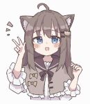  1girl :d ahoge animal_ears black_bow black_bowtie black_sailor_collar blue_eyes blush bow bowtie brown_hair capelet cat_ears cat_girl cat_hair_ornament center_frills colon_br cropped_torso fang frilled_capelet frills grey_capelet hair_between_eyes hair_ornament hairclip hand_up long_hair long_sleeves looking_at_viewer notice_lines open_mouth original sailor_collar shirt sidelocks simple_background skin_fang smile straight-on straight_hair upper_body v variant_set white_background white_shirt 