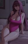  1girl bed breasts cleavage covered_navel curvy fate/grand_order fate_(series) hair_between_eyes hair_intakes highleg highleg_swimsuit highres indoors large_breasts long_hair on_bed one-piece_swimsuit parted_lips pillow purple_hair purple_one-piece_swimsuit red_eyes scathach_(fate) sitting solo swimsuit very_long_hair wide_hips zaphn 