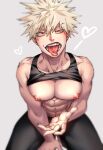  1boy abs bakugou_katsuki bara bare_pectorals black_pants black_tank_top blonde_hair boku_no_hero_academia clothes_lift grey_background heart large_pectorals male_focus muscular muscular_male navel nipples open_mouth pants pectorals red_eyes short_hair simple_background solo spiked_hair tank_top tongue tongue_out tsaosu0607 