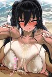  after_ejaculation after_paizuri akure_ekuto azur_lane beach between_breasts black_hair blush breasts breasts_squeezed_together commission covered_nipples grabbing grabbing_another&#039;s_breast heart heart-shaped_pupils highres huge_breasts large_breasts paizuri red_eyes sand skeb_commission sound_effects swimsuit symbol-shaped_pupils taihou_(azur_lane) taihou_(temptation_on_the_sea_breeze)_(azur_lane) 