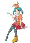  1girl :q aqua_hair boots bright_pupils center_frills commentary_request dress food food_on_face frills googly_eyes green_eyes hat highres holding holding_food invisible_chair layered_dress looking_at_viewer monogatari_(series) nijizuki_shino ononoki_yotsugi orange_dress orange_headwear pantyhose popsicle puffy_sleeves rubber_boots short_eyebrows short_twintails sidelocks simple_background single_boot sitting solo striped striped_pantyhose thick_eyebrows tongue tongue_out tsukimonogatari twintails white_background white_pupils yellow_footwear 