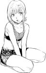 1girl averting_eyes bare_shoulders breasts collarbone crop_top greyscale highres iro_marimo monochrome open_mouth original seiza short_hair shorts sidelocks simple_background sitting small_breasts solo teeth v_arms zipper zipper_pull_tab 