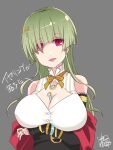  1girl arm_under_breasts arrow_(symbol) artist_name assault_lily bare_shoulders between_breasts black_skirt bracelet breasts cleavage cleavage_cutout clothing_cutout collared_shirt detached_sleeves earring_removed green_hair grey_background hair_ornament hair_over_one_eye hand_up high-waist_skirt highres jewelry kairakuen_umenoka large_breasts long_hair long_sleeves looking_at_viewer mole mole_under_mouth neck_ribbon necklace parted_lips pendant pink_eyes ribbon ring shawl shinoda_mioko shirt simple_background skirt sleeveless sleeveless_shirt sleeves_past_wrists smile solo striped striped_shirt translated upper_body vertical-striped_shirt vertical_stripes white_shirt yellow_ribbon 