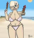  2023 accessory anthro beach big_breasts bikini bird_dog black_nose blonde_hair blue_eyes blurred_background breasts canid canine canis clothing domestic_dog female floppy_ears food fur golden_retriever hair hair_accessory hair_over_eye hairclip hi_res hunting_dog kebab mammal meat nautilusbomb navel offering_food offering_to_viewer one_eye_obstructed open_mouth pawpads plant polka_dot_bikini polka_dots retriever sea seaside sharp_teeth sky slightly_chubby smile smiling_at_viewer solo solo_focus standing stella_wojciehowicz sun swimwear tan_body tan_fur teeth vegetable water 