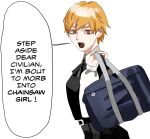  1girl bag chainsaw_man commentary denji_(chainsaw_man) dress english_commentary english_text fourth_east_high_school_uniform genderswap genderswap_(mtf) highres holding holding_bag it&#039;s_morbin&#039;_time_(meme) meme mykokampfwagen open_mouth orange_hair pinafore_dress red_eyes school_bag school_uniform sharp_teeth short_hair sleeveless sleeveless_dress solo teeth upper_body 