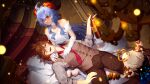  2girls bare_shoulders baschyf beer_can blue_hair blurry blurry_foreground blush breasts brown_hair can candle carpet chandelier choker cleavage cup dress drinking_glass drunk earrings eyeliner eyeshadow ganyu_(genshin_impact) genshin_impact gloves goat_horns gradient_hair hair_between_eyes hair_ornament halo highres holding horns jewelry long_hair looking_at_viewer low_ponytail lying_on_lap makeup mechanical_halo medium_breasts multicolored_hair multiple_girls necktie open_mouth paimon_(genshin_impact) pants pillar purple_eyes red_eyeshadow red_necktie scarf seiza shirt sidelocks single_earring sitting smile stairs teeth upper_teeth_only vest white_choker white_dress white_gloves white_hair wine_glass yellow_eyes zhongli_(genshin_impact) 