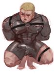  1boy akiyama_(aki11018655) arms_behind_back bara blonde_hair bodysuit bulge chest_harness covered_abs covered_navel covered_nipples erection erection_under_clothes eyebrow_cut facial_hair frown goatee harness highres large_pectorals long_sideburns looking_to_the_side male_focus mature_male muscular muscular_male o-ring o-ring_top original pectorals scar scar_across_eye short_hair sideburns solo squatting tearing_up thick_eyebrows thick_thighs thighs torn_bodysuit torn_clothes 