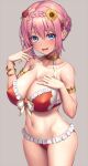  1girl armlet bare_shoulders bikini blue_eyes bracelet braid breasts cleavage collarbone commentary covered_nipples flower frilled_bikini frills grey_background hair_between_eyes hair_flower hair_ornament hands_up hip_bones jewelry lambda_(kusowarota) large_breasts looking_at_viewer navel open_mouth pink_hair princess_connect! red_bikini red_flower solo swimsuit thighs yellow_flower yui_(princess_connect!) 