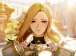  1girl akiyoshi_haru armor blonde_hair breasts brown_eyes close-up closed_mouth day earrings hair_flowing_over jewelry kisara_(tales) lips long_hair looking_at_viewer loose_hair_strand portrait shoulder_armor sky solo tales_of_(series) tales_of_arise upper_body 