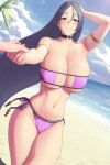  1girl bad_source bare_shoulders bikini breasts cleavage eyepatch_bikini fate/grand_order fate_(series) highres large_breasts long_hair lvl_(sentrythe2310) minamoto_no_raikou_(fate) minamoto_no_raikou_(swimsuit_lancer)_(fate) parted_bangs purple_hair solo_focus swimsuit very_long_hair 