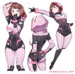  1girl ass back black_bodysuit blush bodysuit breasts brown_eyes brown_hair from_behind gloves hida_haruka highres hood hood_up hooded_bodysuit marvel medium_breasts pink_bodysuit sakura_spider short_hair solo spider-man_(series) spider_web_print superhero ti_keep 