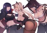  3girls absurdres alternate_costume anger_vein animal_ears animal_hands ass bare_shoulders beidou_(genshin_impact) black_gloves black_hair black_leotard black_pants blue_hair blush breasts brown_pantyhose cat_ears cat_tail cleavage closed_mouth elbow_gloves fake_animal_ears fake_tail fingerless_gloves genshin_impact gloves green_eyes halloween highres large_breasts leotard long_hair multiple_girls navel ningguang_(genshin_impact) one_eye_covered open_mouth pants pantyhose paw_gloves pnatsu pointy_ears ponytail red_eyes sidelocks simple_background smile tail thighband_pantyhose white_background white_hair yelan_(genshin_impact) 