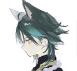  1boy ahoge animal_ears bead_necklace beads cat_ears closed_mouth genshin_impact green_hair highres jewelry male_focus multicolored_hair necklace nokoru_sora portrait profile simple_background solo streaked_hair white_background xiao_(genshin_impact) yellow_eyes 
