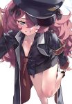  1girl armband bare_legs black_headwear black_shirt blue_archive blush breasts cleavage clothes_pull coat collarbone collared_shirt grey_eyes grin hair_between_eyes hair_ribbon halo hat highres iroha_(blue_archive) legs long_hair long_sleeves looking_at_viewer medium_breasts military military_hat military_jacket military_uniform necktie peaked_cap pulled_by_self red_hair red_necktie ribbon safety_pin shirt simple_background smile socks_removed solo undressing uniform wavy_hair yoshida_pino 