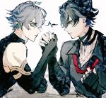  2boys alhaitham_(genshin_impact) antenna_hair arm_wrestling bandaged_neck bandages black_gloves black_hair black_shirt closed_mouth collared_shirt commentary_request earrings elbow_gloves eye_contact fingerless_gloves frown genshin_impact gloves green_eyes green_hair grey_eyes grey_hair hair_between_eyes hand_up headphones highres jewelry lightning_glare looking_at_another loose_necktie male_focus multicolored_hair multiple_boys necktie parted_lips partially_fingerless_gloves profile red_necktie scar scar_on_neck senno_dayo serious shirt short_hair simple_background sleeveless sleeveless_shirt streaked_hair stud_earrings upper_body v-shaped_eyebrows white_background wriothesley_(genshin_impact) 
