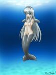  animal_humanoid anthro big_breasts blue_eyes blush breasts bubble cetacean dolphin dolphin_tail female fin_hands flipper_hands genitals glistening glistening_body grey_body grey_hair hair hi_res humanoid long_hair mammal marine marine_humanoid merfolk mikeysk navel ocean_floor pussy smooth_skin solo split_form toothed_whale underwater water 